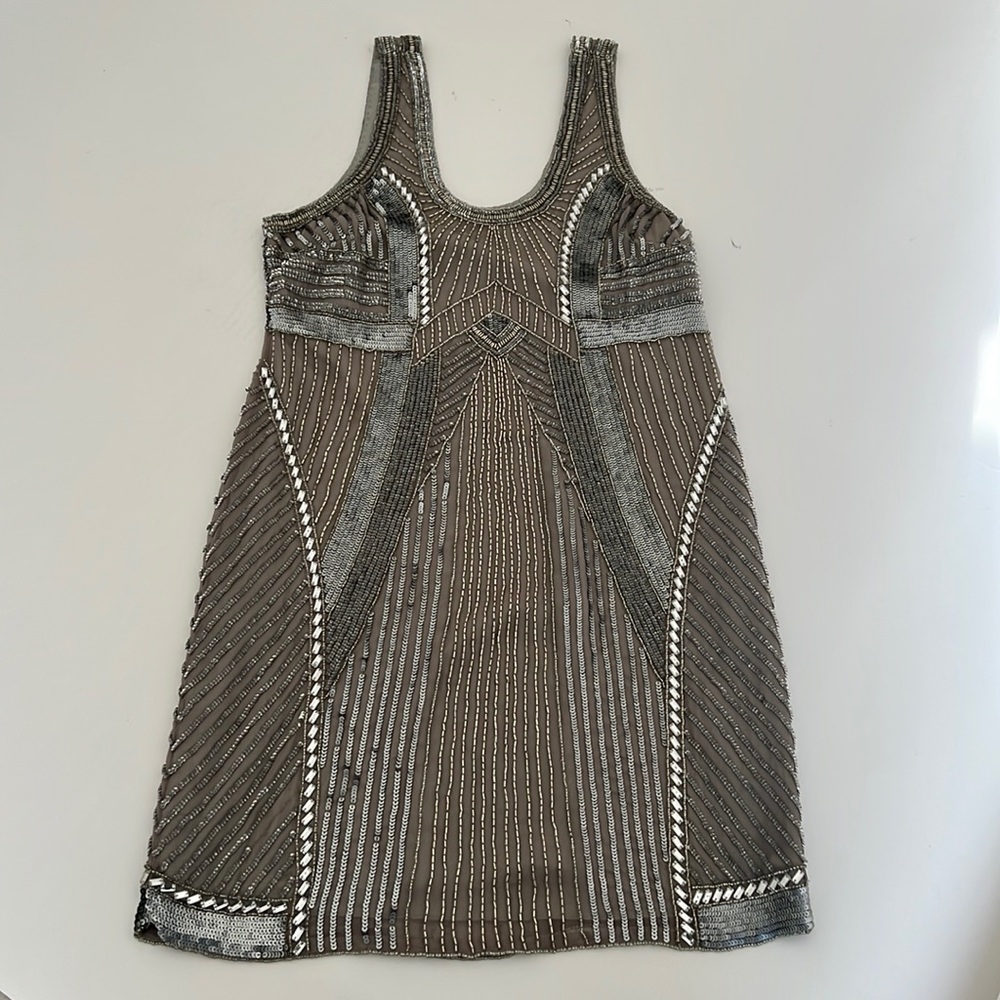 Parker Silver Silk Beaded Cocktail Dress